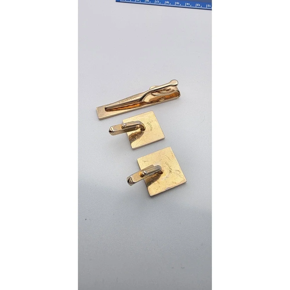 Vtg SWANK Mother of Pearl Inlay Tie Clip Bar & Cufflinks Set Gold Tone FREE $HIP